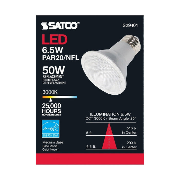 SATCO 6.5 Watt - PAR20 LED - 3000K - 25 deg. Beam Angle - Medium base - 120 Volt - 6-Pack S29401-6