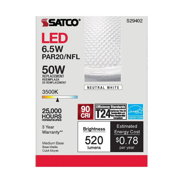 SATCO 6.5 Watt - PAR20 LED - 3500K - 25 deg. Beam Angle - Medium base - 120 Volt S29402