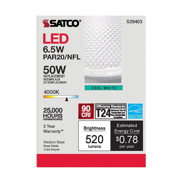 SATCO 6.5 Watt - PAR20 LED - 4000K - 25 deg. Beam Angle - Medium base - 120 Volt S29403