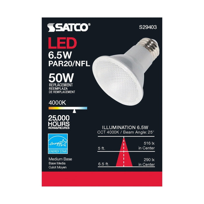 SATCO 6.5 Watt - PAR20 LED - 4000K - 25 deg. Beam Angle - Medium base - 120 Volt S29403