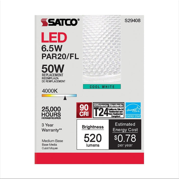 SATCO 6.5 Watt - PAR20 LED - 4000K - 40 deg. Beam Angle - Medium base - 120 Volt S29408