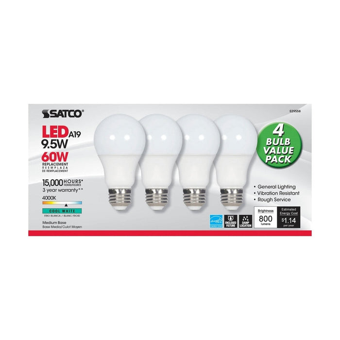 SATCO 9.5 Watt - A19 LED - Frosted - 4000K - Medium base - 220 deg. Beam Angle - 120 Volt - Non-Dimmable - 4-Pack S29558