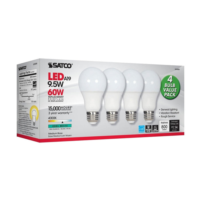 SATCO 9.5 Watt - A19 LED - Frosted - 4000K - Medium base - 220 deg. Beam Angle - 120 Volt - Non-Dimmable - 4-Pack S29558