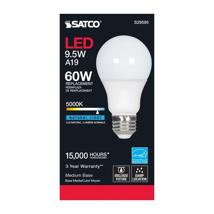 SATCO 9.5 Watt - A19 LED - Frosted - 5000K Medium base - 220 deg. Beam Angle - 120 Volt - Non-Dimmable S29595