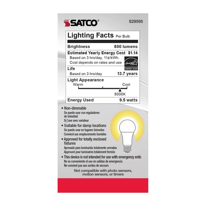 SATCO 9.5 Watt - A19 LED - Frosted - 5000K Medium base - 220 deg. Beam Angle - 120 Volt - Non-Dimmable S29595