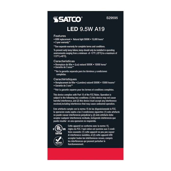 SATCO 9.5 Watt - A19 LED - Frosted - 5000K Medium base - 220 deg. Beam Angle - 120 Volt - Non-Dimmable S29595