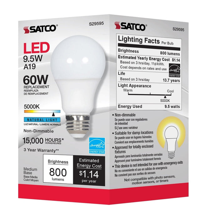 SATCO 9.5 Watt - A19 LED - Frosted - 5000K Medium base - 220 deg. Beam Angle - 120 Volt - Non-Dimmable S29595