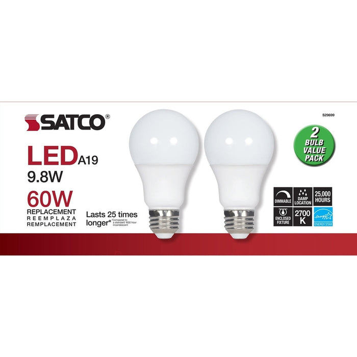 SATCO 9.8 Watt - A19 LED - Medium base - 2700K - Frosted - 220 deg. Beam Angle - 120 Volt - 2-Pack Display Pack S29699