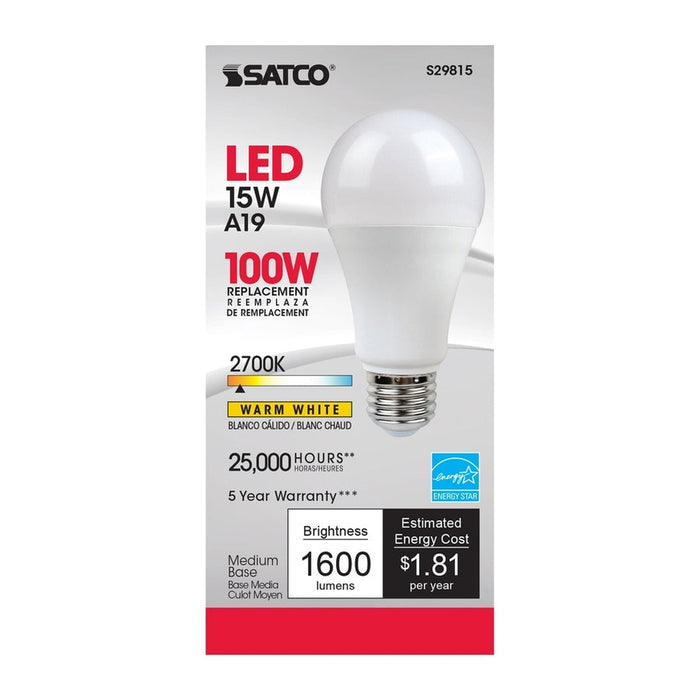 SATCO 15 Watt - A19 LED - Frosted - 2700K - Medium base - 220 deg. Beam Angle - 120 Volt S29815