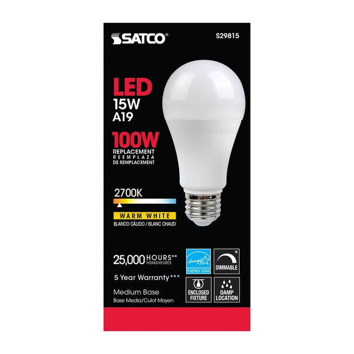 SATCO 15 Watt - A19 LED - Frosted - 2700K - Medium base - 220 deg. Beam Angle - 120 Volt S29815