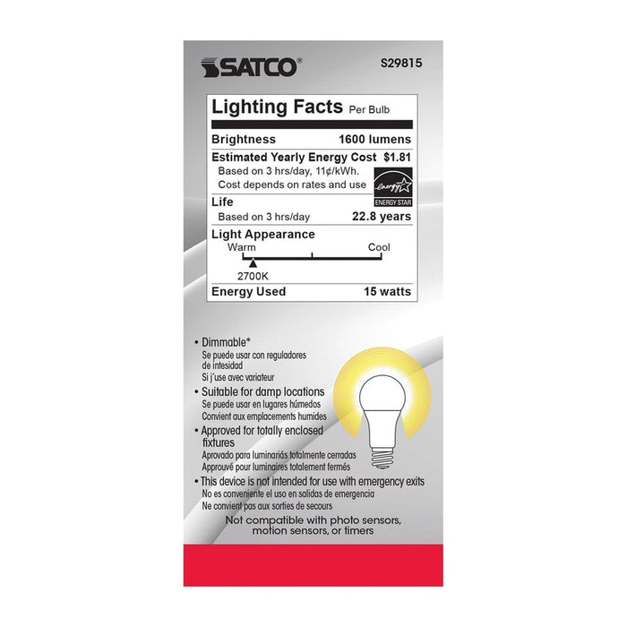 SATCO 15 Watt - A19 LED - Frosted - 2700K - Medium base - 220 deg. Beam Angle - 120 Volt S29815