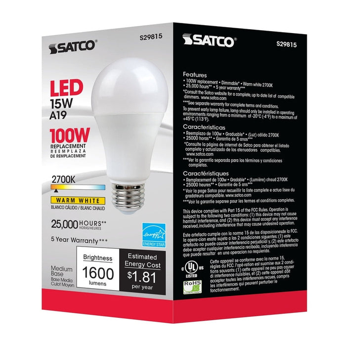 SATCO 15 Watt - A19 LED - Frosted - 2700K - Medium base - 220 deg. Beam Angle - 120 Volt S29815