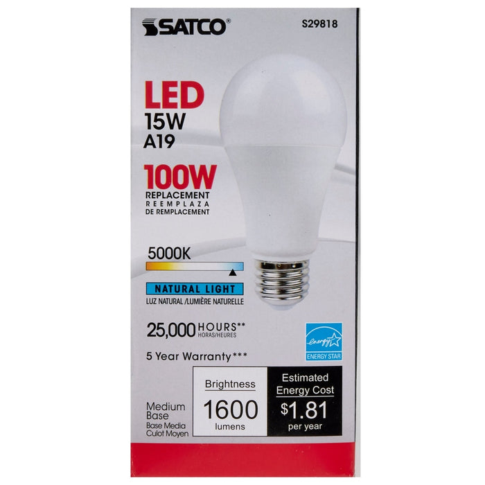 SATCO 15 Watt - A19 LED - Frosted - 5000K - Medium base - 220 deg. Beam Angle - 120 Volt S29818