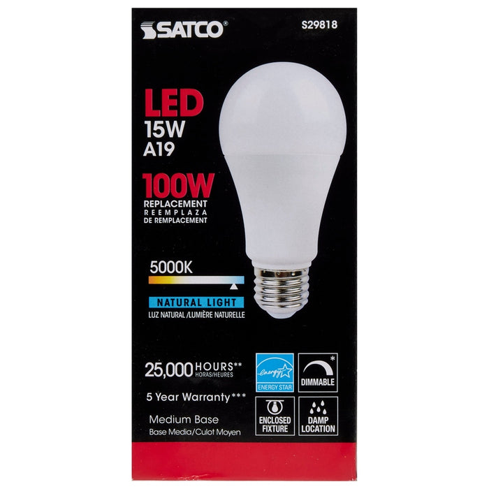 SATCO 15 Watt - A19 LED - Frosted - 5000K - Medium base - 220 deg. Beam Angle - 120 Volt S29818