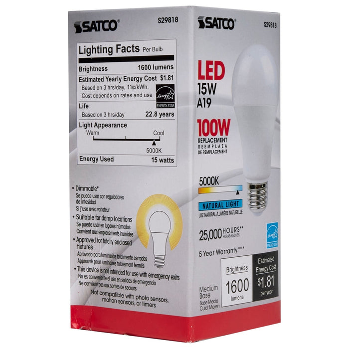 SATCO 15 Watt - A19 LED - Frosted - 5000K - Medium base - 220 deg. Beam Angle - 120 Volt S29818