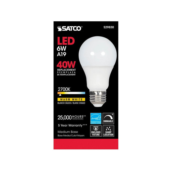 SATCO 6 Watt - A19 LED - 2700K - Medium base - 220 deg. Beam Angle - 120 Volt S29830