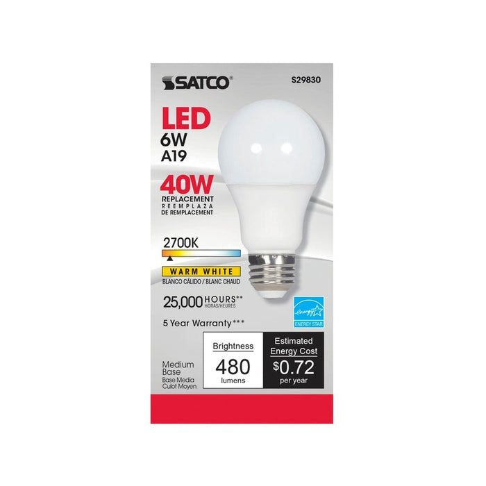 SATCO 6 Watt - A19 LED - 2700K - Medium base - 220 deg. Beam Angle - 120 Volt S29830