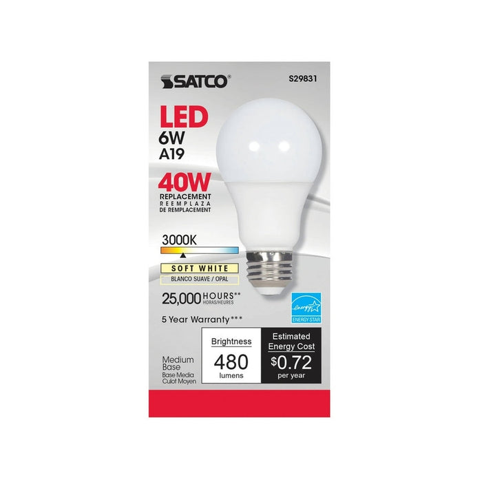 SATCO 6 Watt - A19 LED - 3000K - Medium base - 220 deg. Beam Angle - 120 Volt S29831