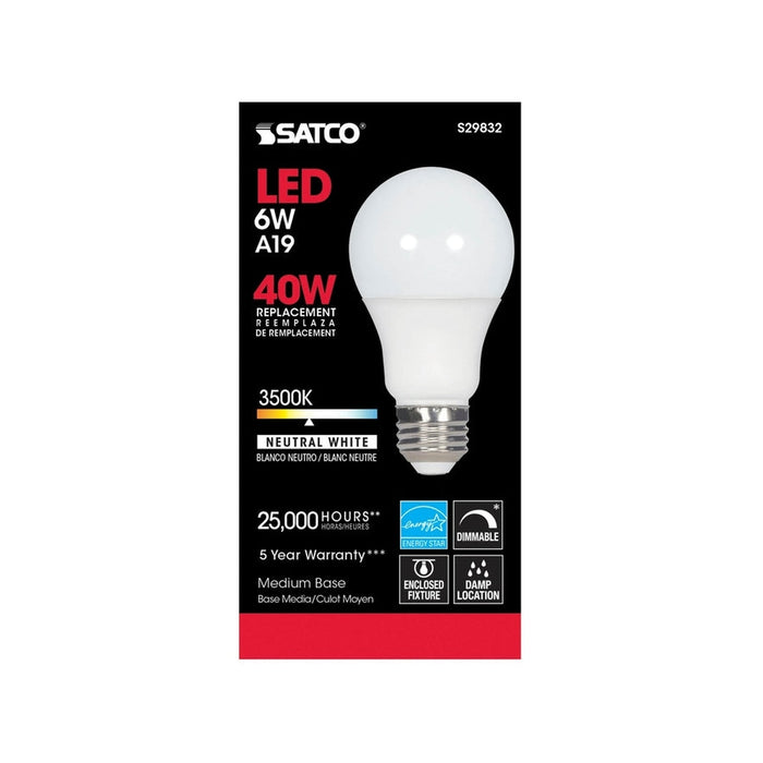 SATCO 6 Watt - A19 LED - 3500K - Medium base - 220 deg. Beam Angle - 120 Volt S29832