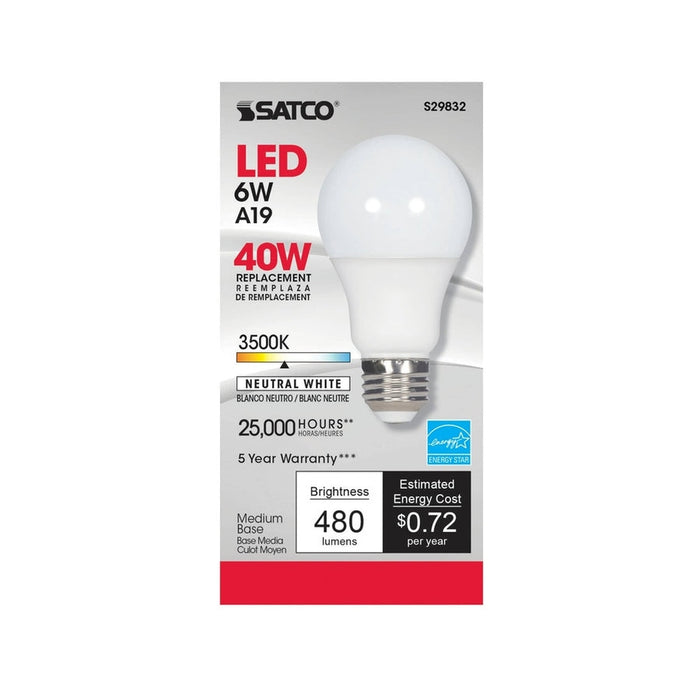 SATCO 6 Watt - A19 LED - 3500K - Medium base - 220 deg. Beam Angle - 120 Volt S29832