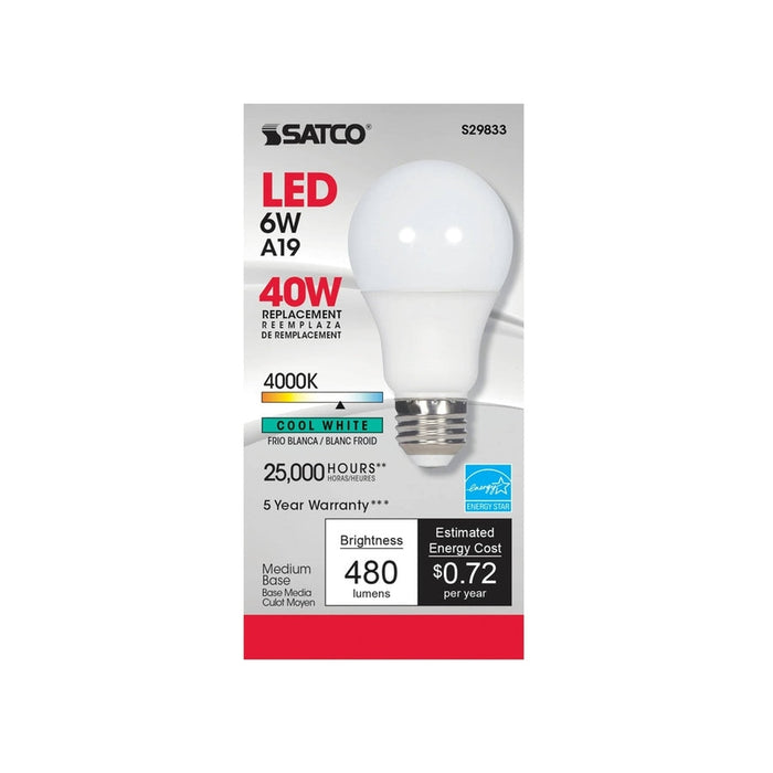 SATCO 6 Watt - A19 LED - 4000K - Medium base - 220 deg. Beam Angle - 120 Volt S29833