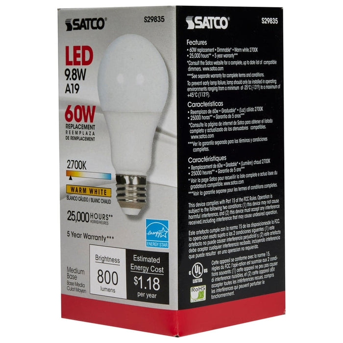 SATCO 9.8 Watt - A19 LED - 2700K - Medium base - 220 deg. Beam Angle - 120 Volt S29835