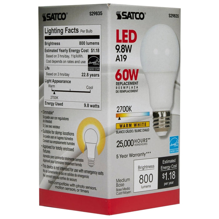 SATCO 9.8 Watt - A19 LED - 2700K - Medium base - 220 deg. Beam Angle - 120 Volt S29835