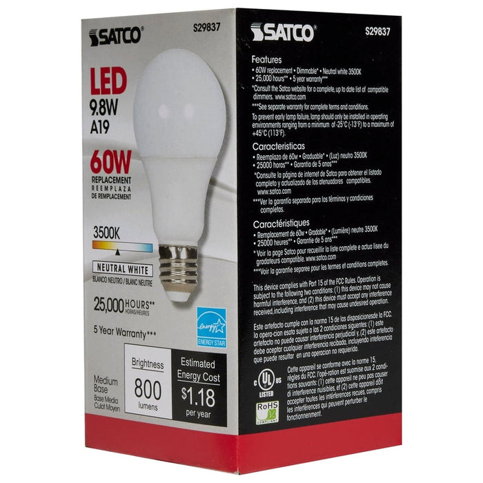 SATCO 9.8 Watt - A19 LED - 3500K - Medium base - 220 deg. Beam Angle - 120 Volt S29837