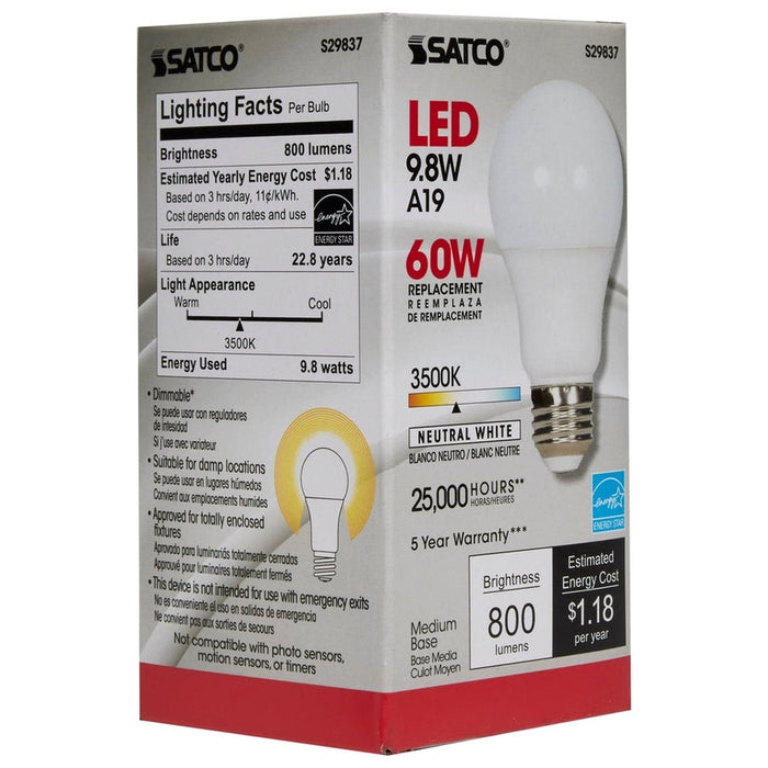 SATCO 9.8 Watt - A19 LED - 3500K - Medium base - 220 deg. Beam Angle - 120 Volt S29837