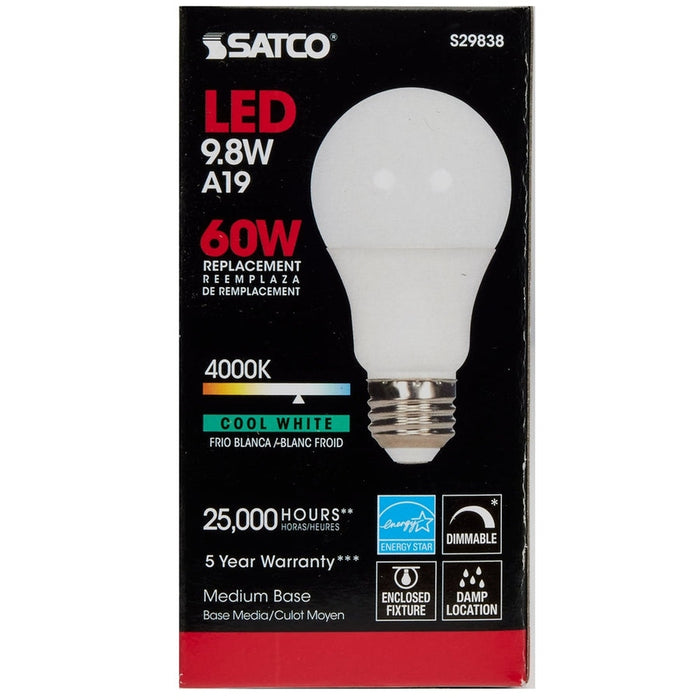 SATCO 9.8 Watt - A19 LED - 4000K - Medium base - 220 deg. Beam Angle - 120 Volt S29838