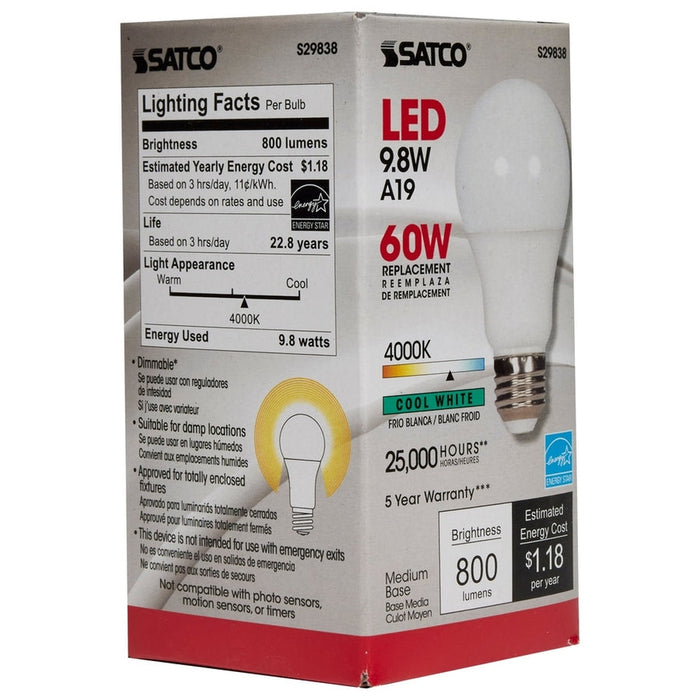 SATCO 9.8 Watt - A19 LED - 4000K - Medium base - 220 deg. Beam Angle - 120 Volt S29838