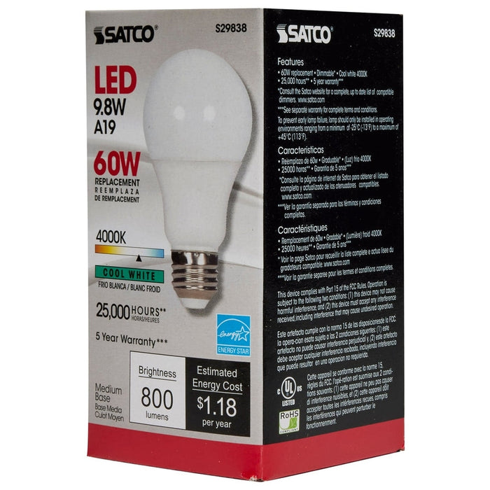 SATCO 9.8 Watt - A19 LED - 4000K - Medium base - 220 deg. Beam Angle - 120 Volt S29838