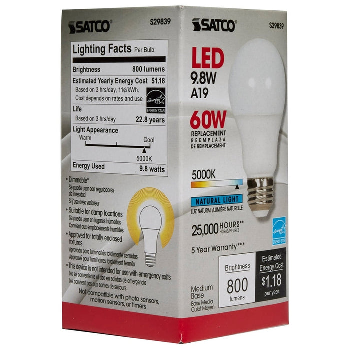 SATCO 9.8 Watt - A19 LED - 5000K - Medium base - 220 deg. Beam Angle - 120 Volt S29839