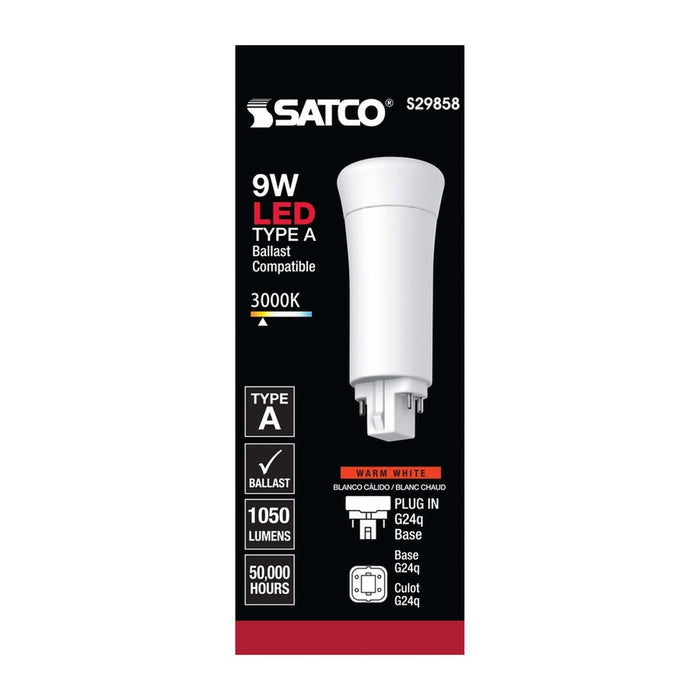 SATCO 9 Watt LED PL 4-Pin - 3000K - 1050 Lumens - G24q base - 50000 Average rated hours - 120 Deg. Beam Angle - Type A - Ballast dependent S29858