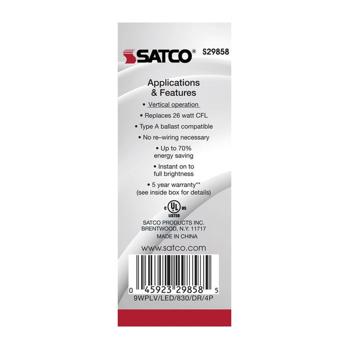 SATCO 9 Watt LED PL 4-Pin - 3000K - 1050 Lumens - G24q base - 50000 Average rated hours - 120 Deg. Beam Angle - Type A - Ballast dependent S29858