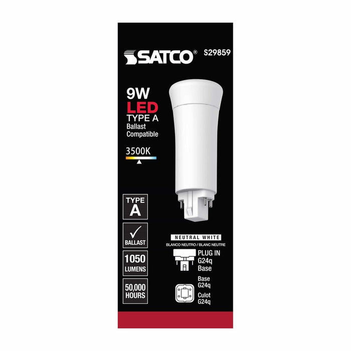 SATCO 9 Watt LED PL 4-Pin - 3500K - 1050 Lumens - G24q base - 50000 Average rated hours - 120 Deg. Beam Angle - Type A - Ballast dependent S29859