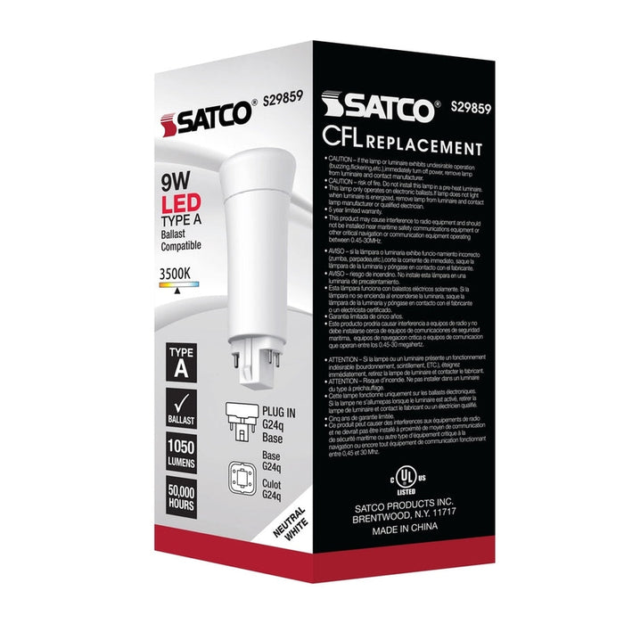 SATCO 9 Watt LED PL 4-Pin - 3500K - 1050 Lumens - G24q base - 50000 Average rated hours - 120 Deg. Beam Angle - Type A - Ballast dependent S29859