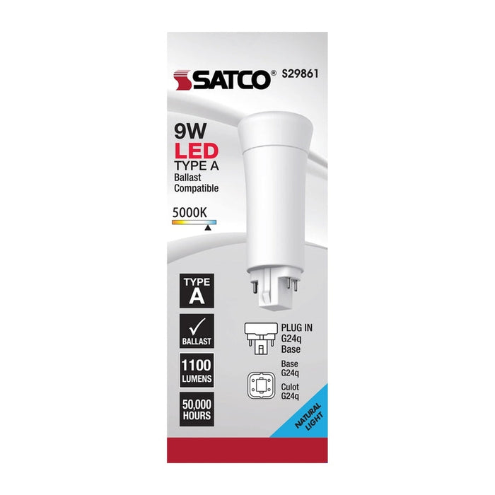 SATCO 9 Watt LED PL 4-Pin - 5000K - 1100 Lumens - G24q base - 50000 Average rated hours - 120 Deg. Beam Angle - Type A - Ballast dependent S29861