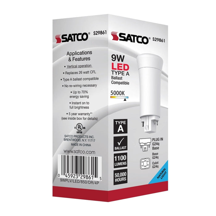 SATCO 9 Watt LED PL 4-Pin - 5000K - 1100 Lumens - G24q base - 50000 Average rated hours - 120 Deg. Beam Angle - Type A - Ballast dependent S29861