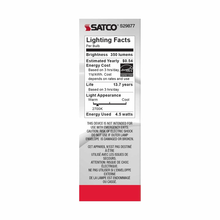 SATCO 4.5 Watt B11 LED - Clear - Candelabra base - 2700K - 350 Lumens - 120 Volt S29877