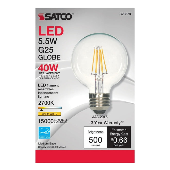 SATCO 5.5 Watt G25 LED - Clear - Medium base - 2700K - 500 Lumens - 120 Volt S29878