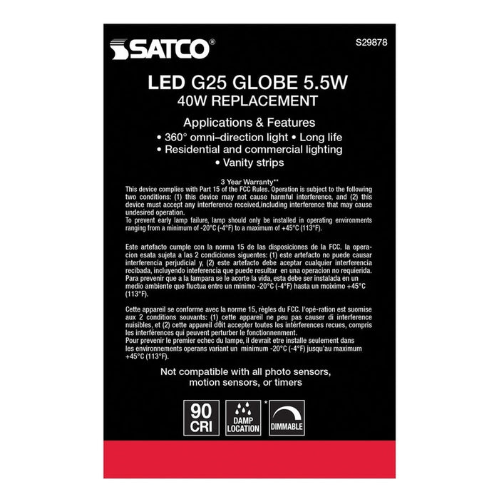 SATCO 5.5 Watt G25 LED - Clear - Medium base - 2700K - 500 Lumens - 120 Volt S29878