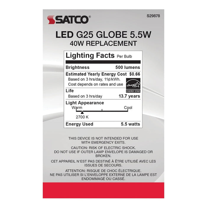 SATCO 5.5 Watt G25 LED - Clear - Medium base - 2700K - 500 Lumens - 120 Volt S29878