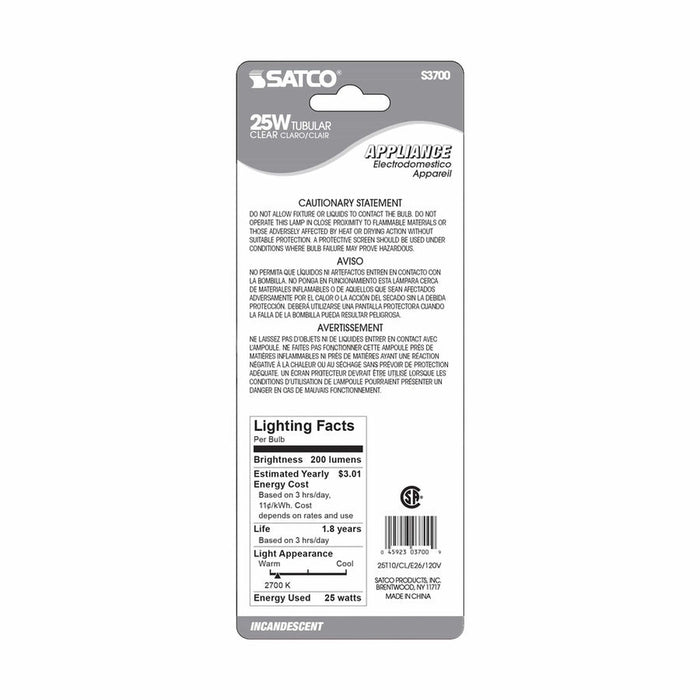 SATCO 25 Watt T10 Incandescent - Clear - 2000 Average rated hours - 200 Lumens - Medium base - 120 Volt - Carded S3700