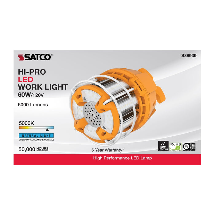 60 Watt LED Hi-Lumen temporary Hi-Bay Caged lamp - 5000K - Integrated Cord