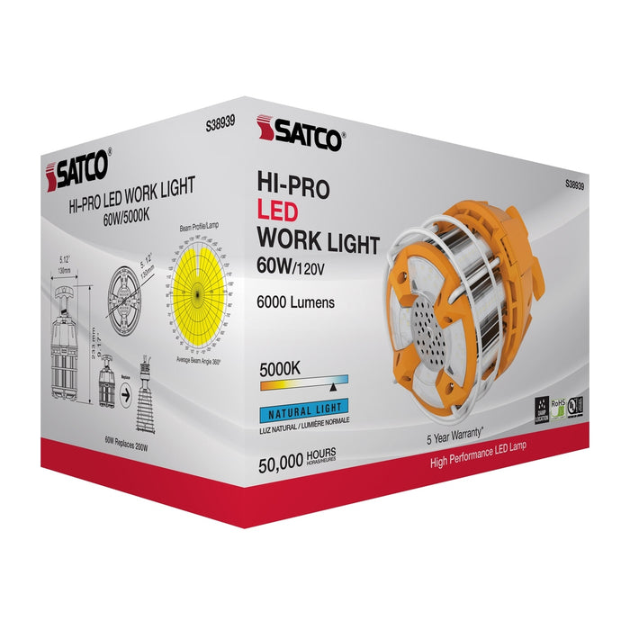 60 Watt LED Hi-Lumen temporary Hi-Bay Caged lamp - 5000K - Integrated Cord