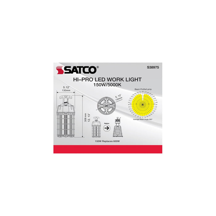 150 Watt LED Hi-Lumen temporary Hi-Bay Caged lamp - 5000K - Integrated Cord / Plug & Hook - 120 Volt