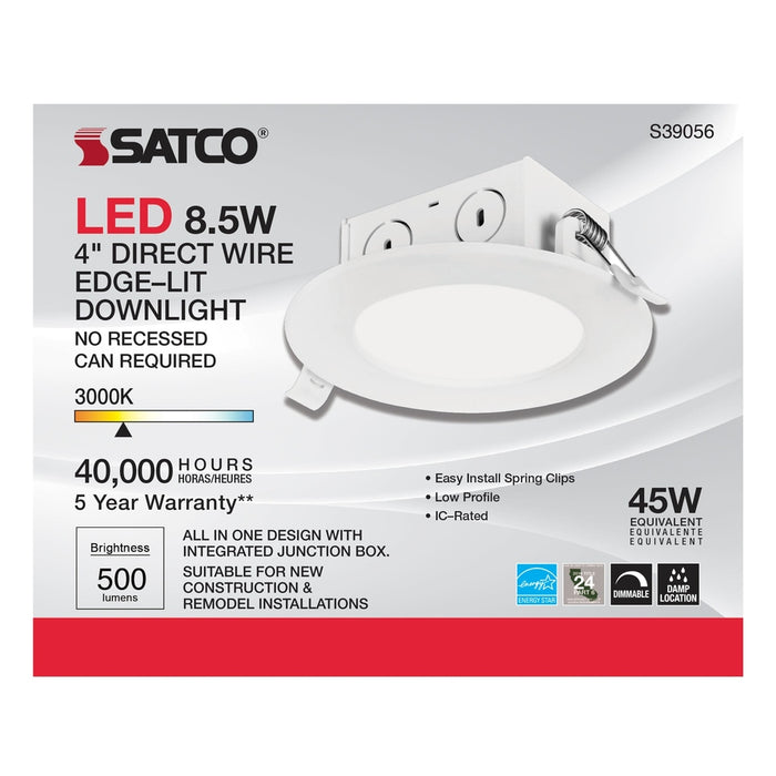 SATCO 8.5 watt LED Direct Wire Downlight - Edge-lit - 4 inch - 3000K - 120 volt - Dimmable S39056