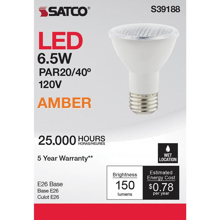 6.5 Watt - PAR20 LED - Amber color - 40 deg. Beam Angle - Medium base - 120 Volt - Turtle Friendly - 6-Pack