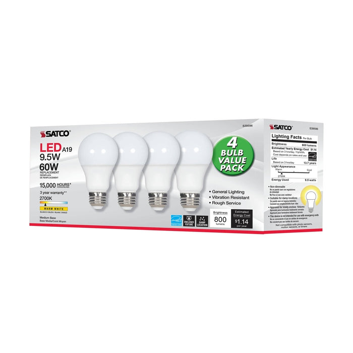 SATCO 9.5 Watt - A19 LED - Frosted - 2700K - Medium base - 220 deg. Beam Angle - 120 Volt - Non-Dimmable - 4-Pack S39596